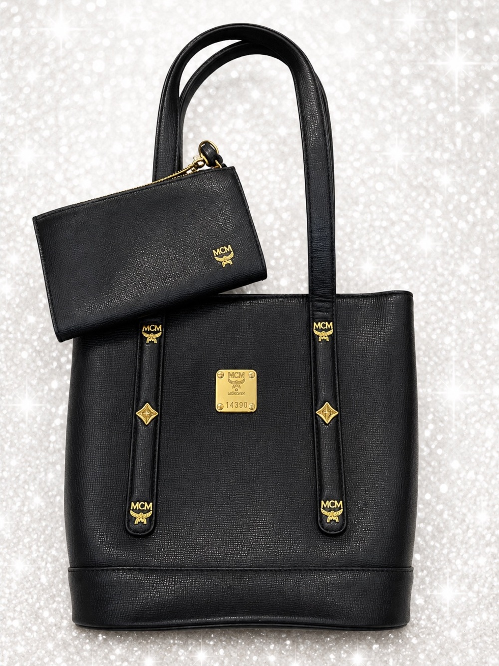 MCM Black Leather Tote with Gold Hardware and Matching Zip Pouch